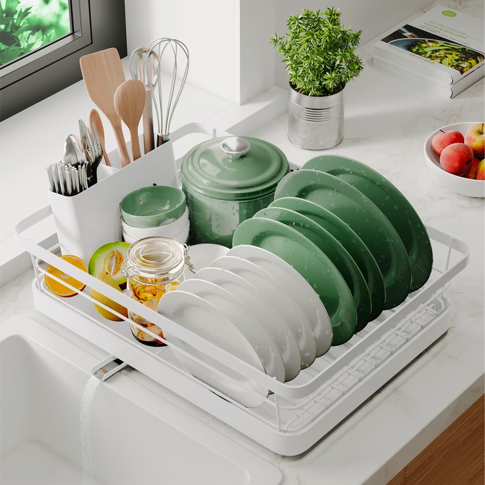 Marctani Égouttoir à Vaisselle INOX - Egoutoire Vaisselle Cuisine Grand Rangement - Egouttoir Evier avec Drainage Extensible et PIVOTANT à 360º - Egoutoir Seche Vaisselle sur (1N Blanc)