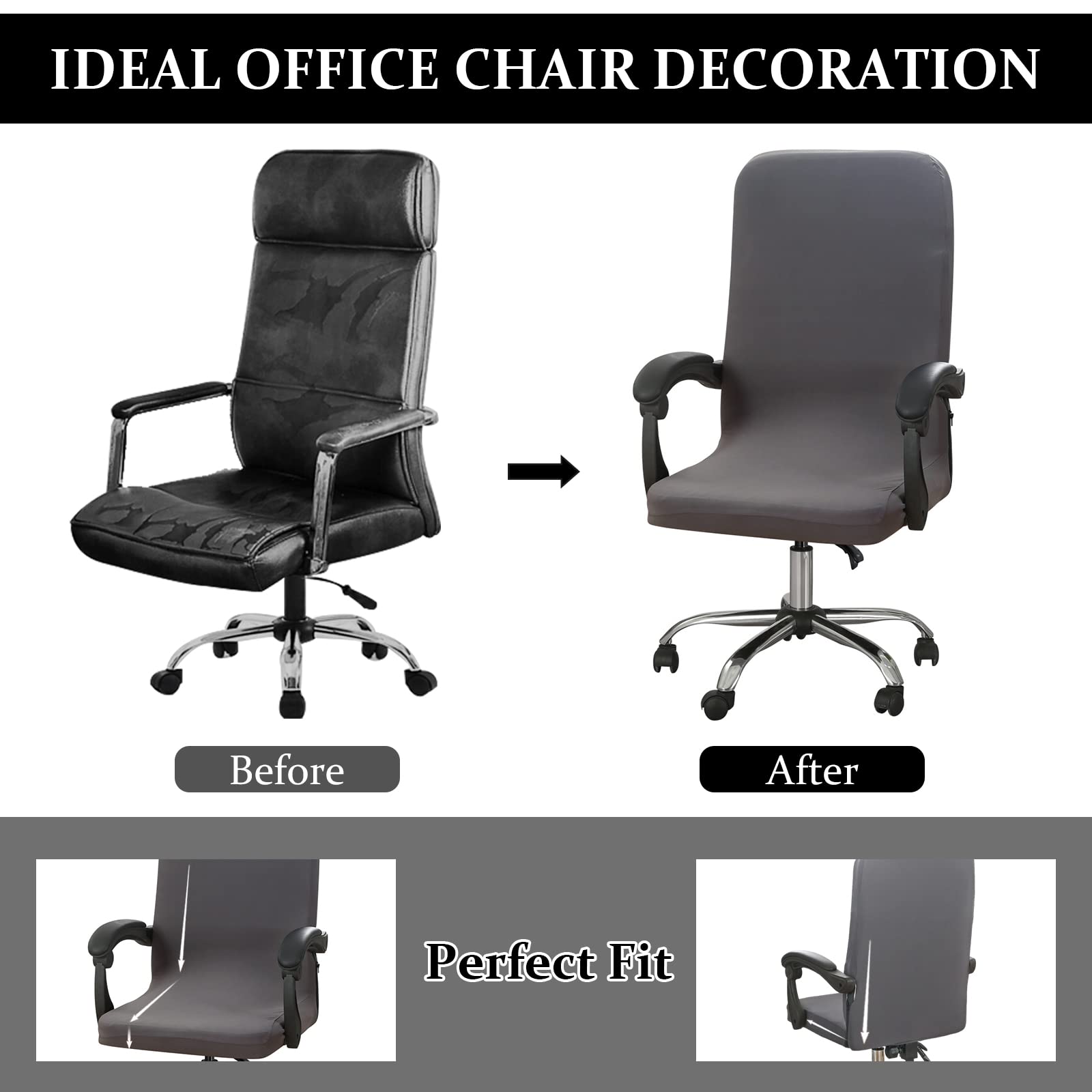 Jaotto Coprisedia Ufficio Elasticizzato, Fodere Coprisedia Girevole Ufficio Universale Lavabile Rimovibile, Coprisedia da Computer con Schienale, Copeture per Sedia da Ufficio(Grigio,Large)