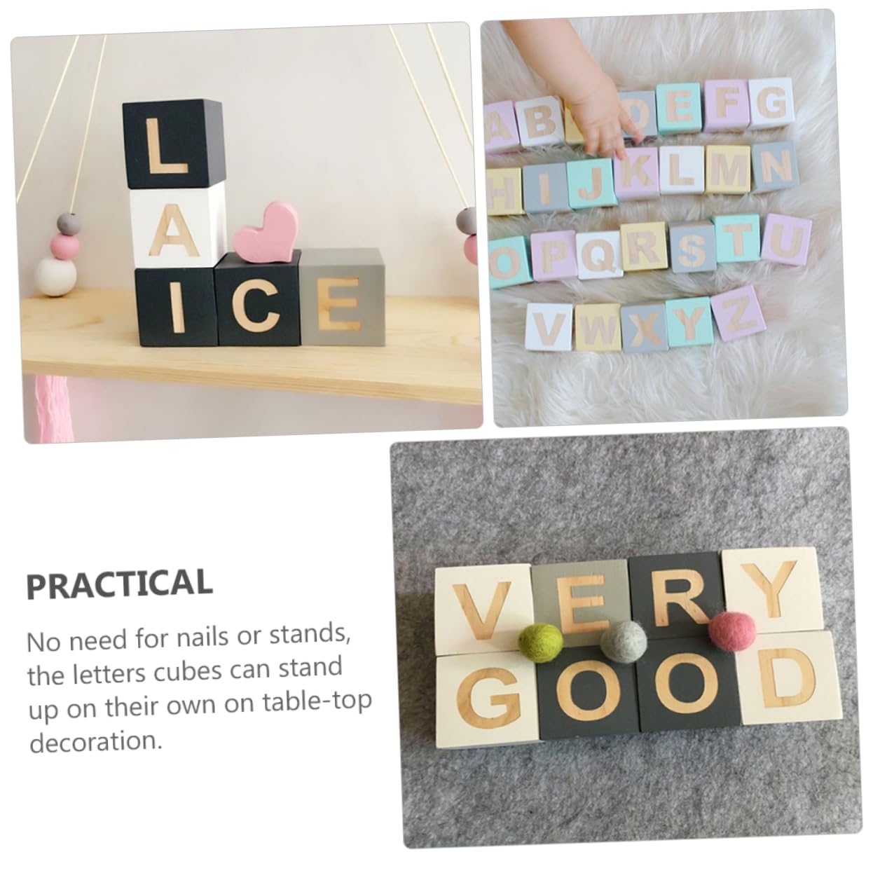 Bloques de Letras Naturales de Madera 26 Piezas, Cubos Cuadrados
