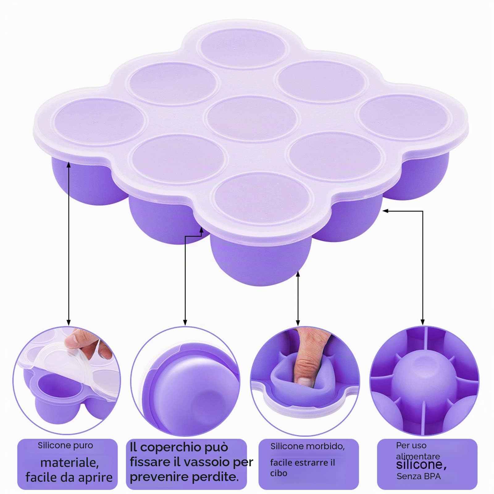 Contenitori per Freezer Senza BPA 9 Scomparti 75ml Silicone Coperchio Rimovibile Cucchiaio Lavastoviglie Microonde Viola