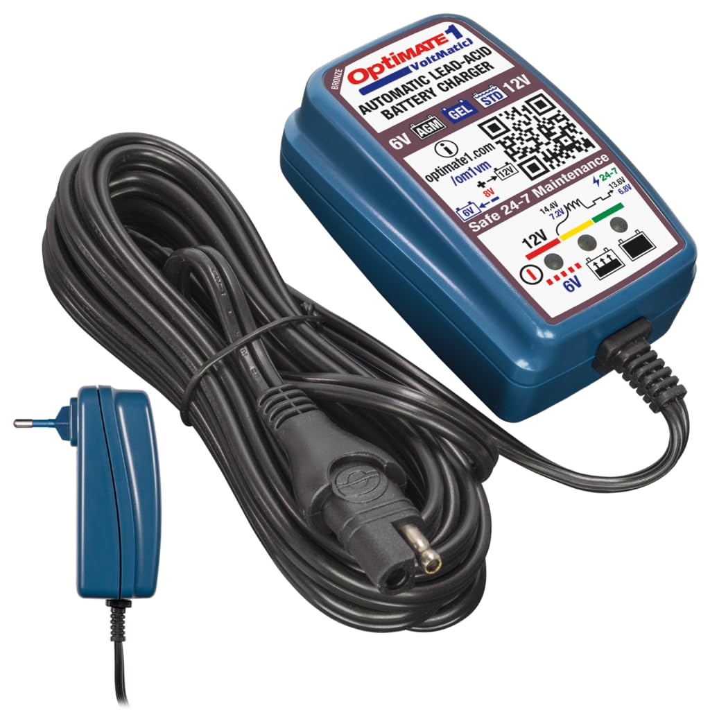 Optimate 1 VoltMatic Chargeur et Mainteneur de Batterie 6V/12V – Automatique à 4 Étapes (0.6A) – pour Batteries au Plomb 6V & 12V (STD. AGM. Gel) – Intelligent et Sûr