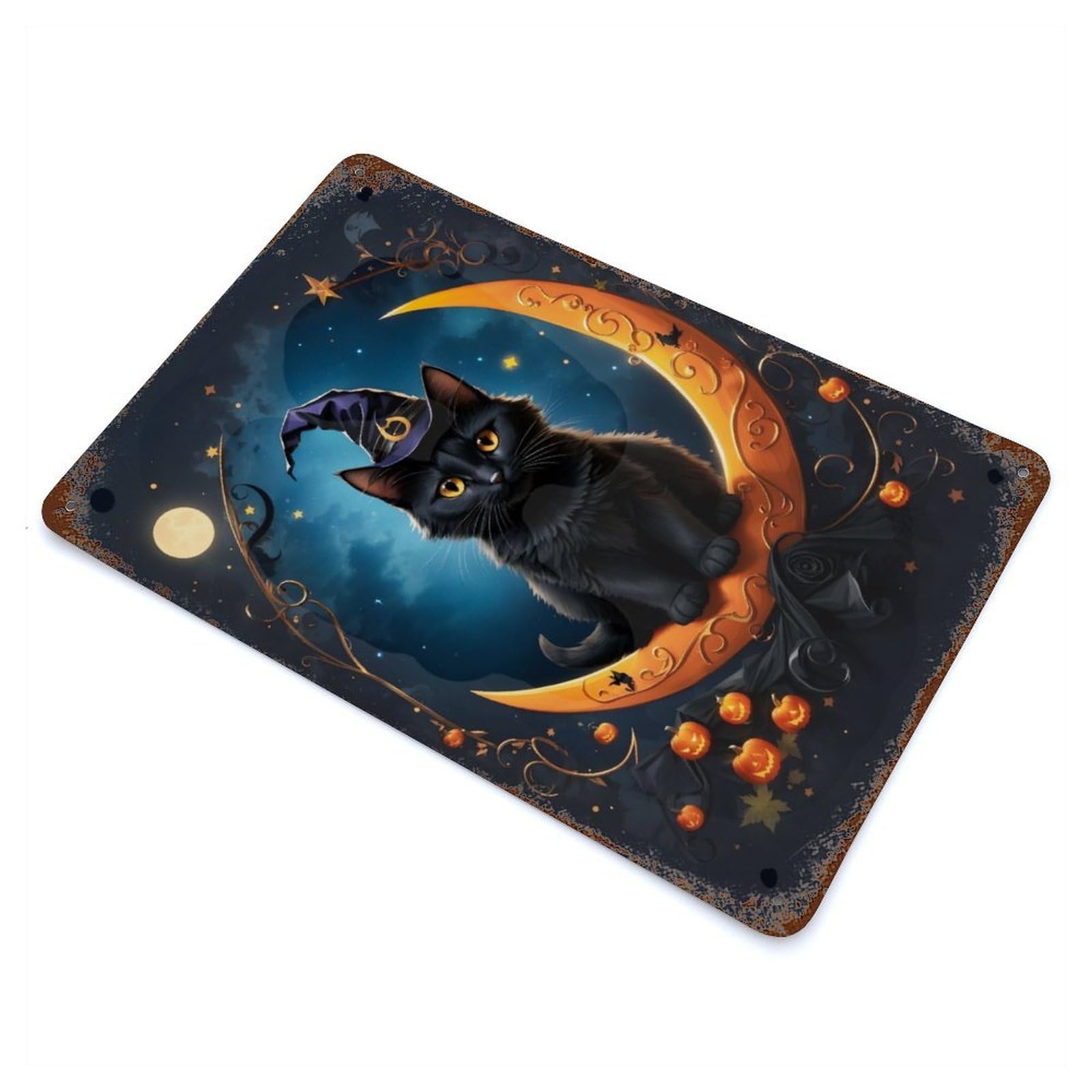 Black Cat And Blood Moon Rust Effect Tin Sign 11.8"x7.9", Rustic Home Decor for Garage, Bar And Workshop Decor