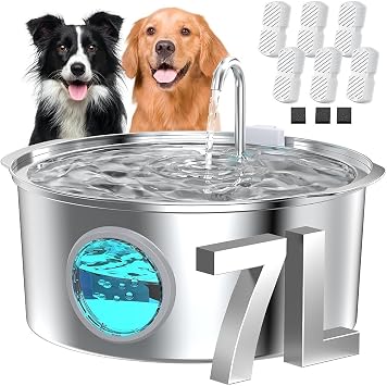 Stainless Steel Dog Water Fountain Large Water Fountain Cat Bowl - 7L/230oz/1.8G Silent Pet Waterer Fountains - GROOKPET Large Capacity Pets Fountain for Multi-Pet Families - 9 Filters