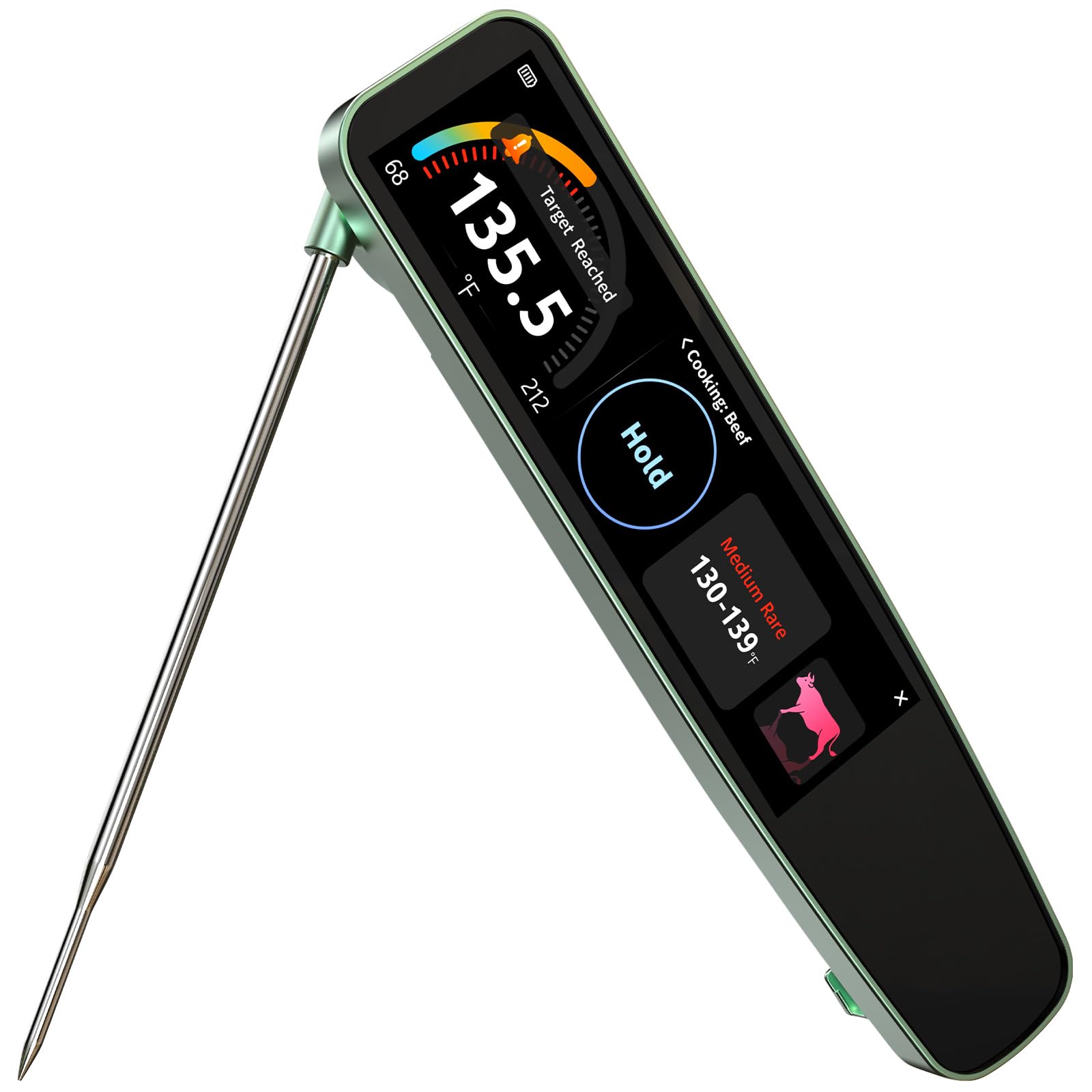 Instant Read Digital Meat Thermometer with 3.8″ HD Touchscreen, 0.5s Fast Read ±0.5°F Accuracy, Folding Probe Smart Food Thermometer for Cooking, Grill, BBQ, Kitchen, Waterproof, USB-C Rechargeable