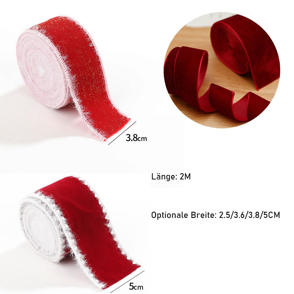 Samtband 2M Weihnachtsband Mit Draht Geschenkband Breit Dekoband Flache Drahtbänder Vintage Zierband Schleifenband Seidenband für Geschenkverpackung DIY Handwerk Blumenstrauß Dekoration