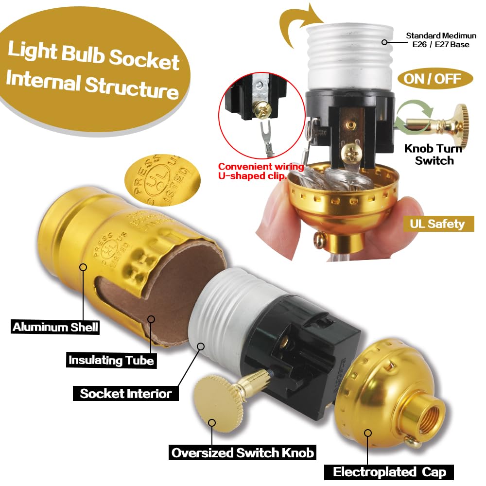 Lamp Rewire Kit Lamp Socket Replacement Kits 12 FT Matching Cord Plug Set with Essential Hardware Lamp Making Supplies for DIY Repair Wiring Assembly E26 Table Floor Light Part - Antique Gold