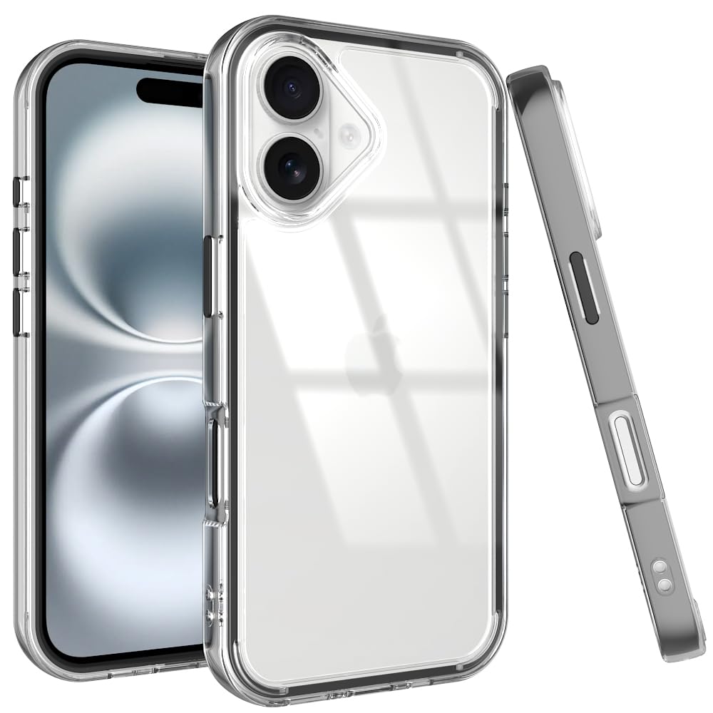 Puxicu Acrylic 2 in 1 for iPhone 16 Case，Anti-Yellowing, Military-Grade Protection, Drop Shockproof Slim Phone Cover for iPhone 16 6.1", Clear+Black