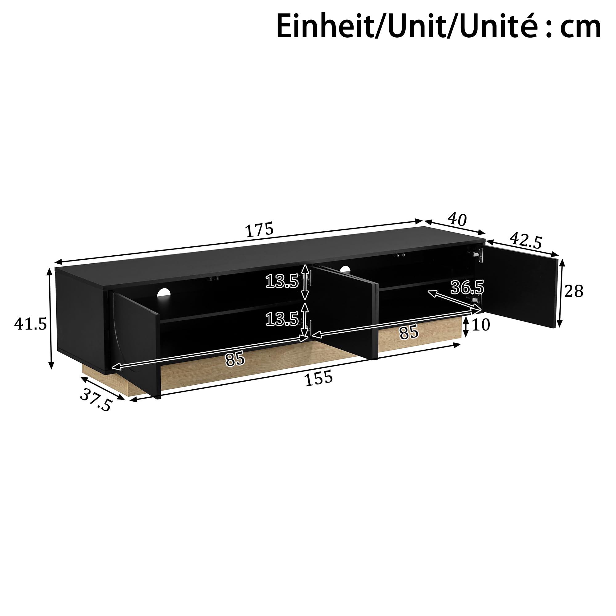 Supporto per TV, design curvo, lunghezza 175 cm, con venature del | Mobile TV con 4 ante per la gestione dei cavi, mobile TV per soggiorno, mobile TV senza maniglia