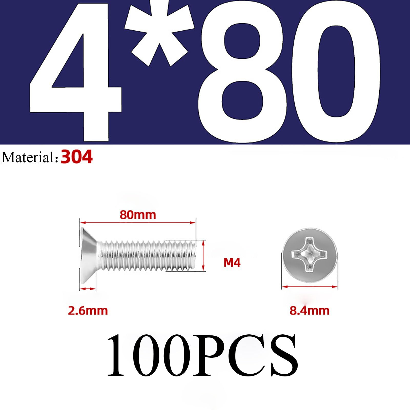 Tornillos para metales, tornillos de cabeza plana, Paquete de 100 tornillos for máquina M4 Phillips CSK de acero inoxidable 304, rosca completa, varios tamaños(M4*80 100)