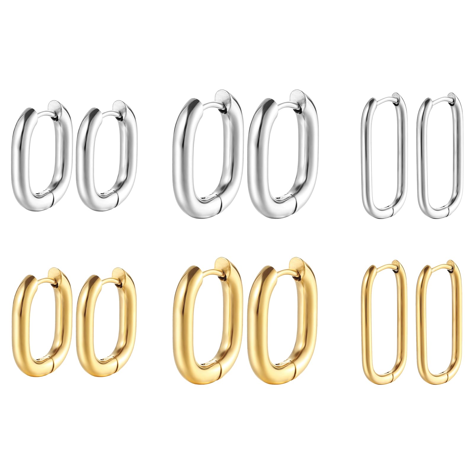 6 Paia Orecchini A Cerchio Forma U In Acciaio Inossidabile – Set Donna Color Argento E Oro, Gioielli Minimal Chunky - copertina