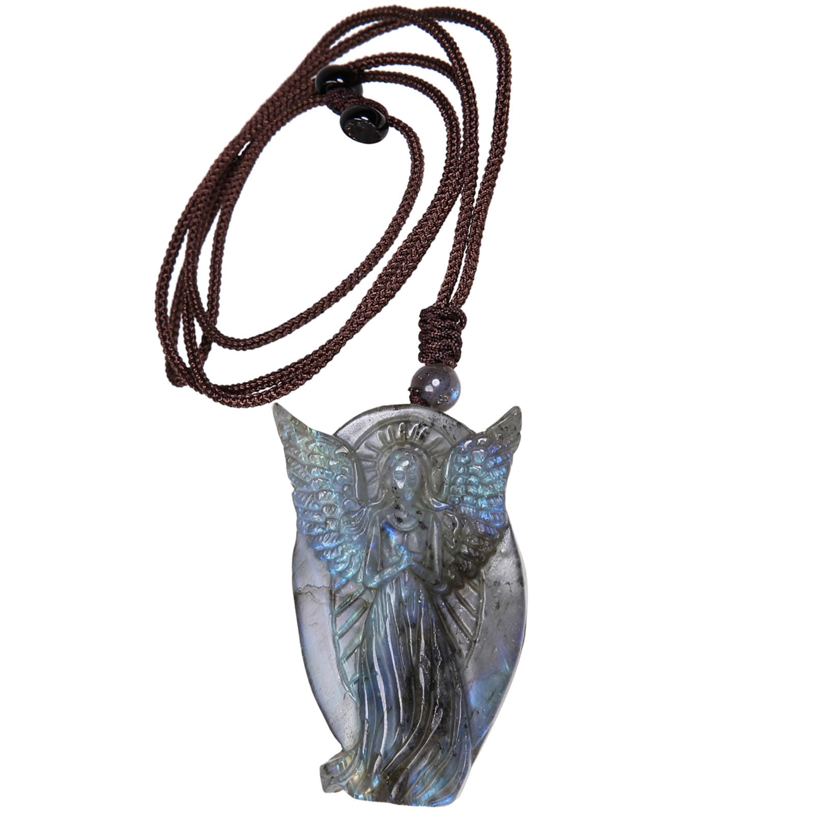 Nupuyai Angel Labradorite Crystal Stone Necklace for Women Men Natural Carved Stone Pendant with Adjustable Rope