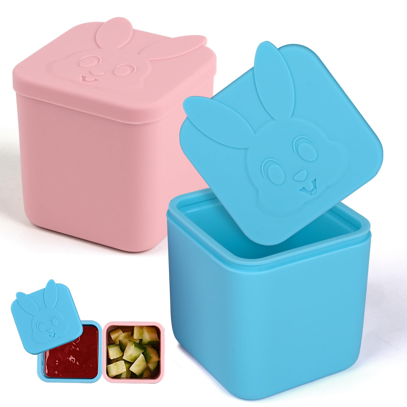 Moukiween2pcs Dip Containers Fits Most Bento Lunch Box,4oz Leakproof Silicone Salad Dressing Container To Go,Food Grade Silicone Condiment Container with Lids (Pink&Blue)