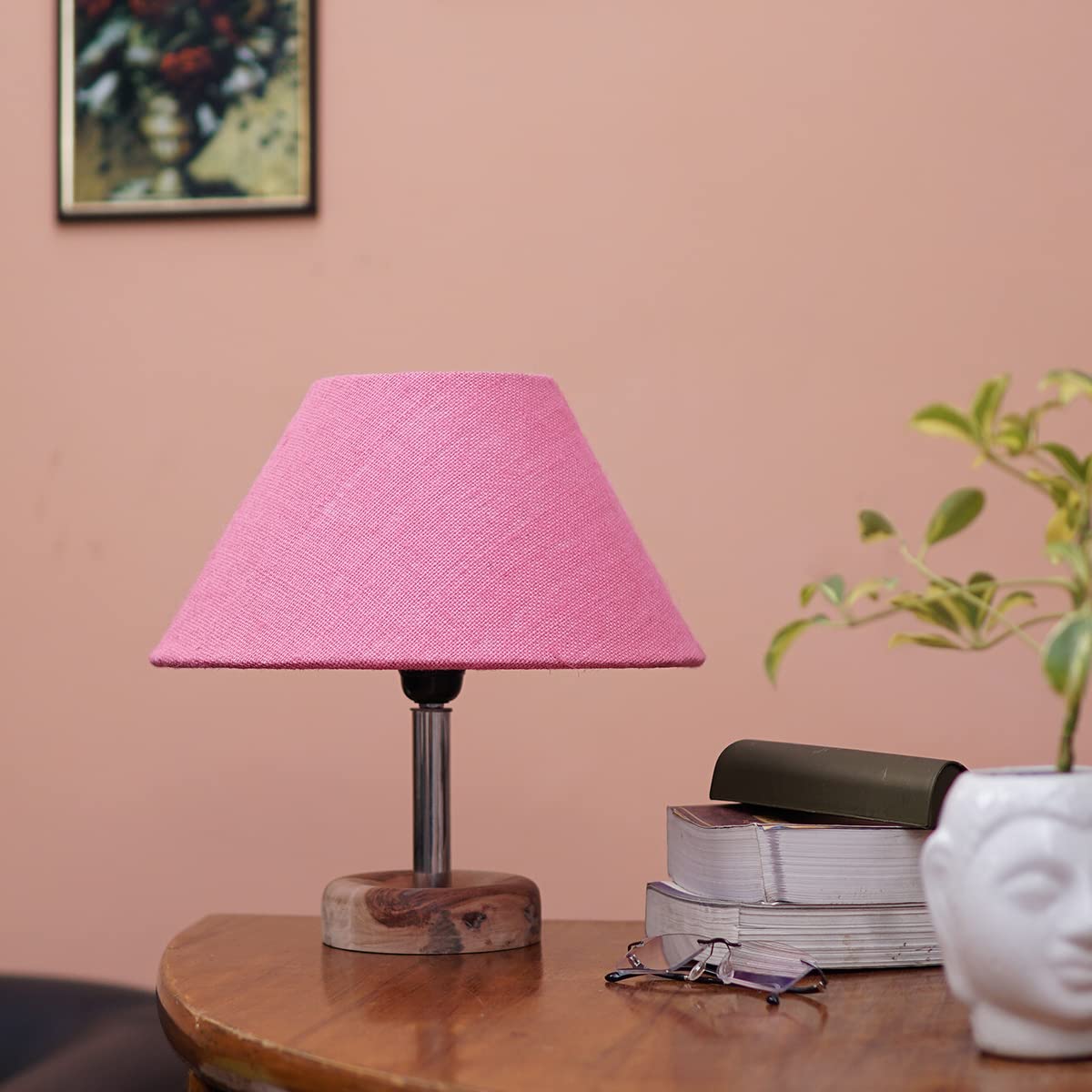 PineCraft International Edra Table Lamp with Shade Night Lamp for Living Room, Study Room, Bedroom & Home Decor Gift Item 13 inch Height Wooden Study Lamp with Pink Shade, 1 Piece-image-12