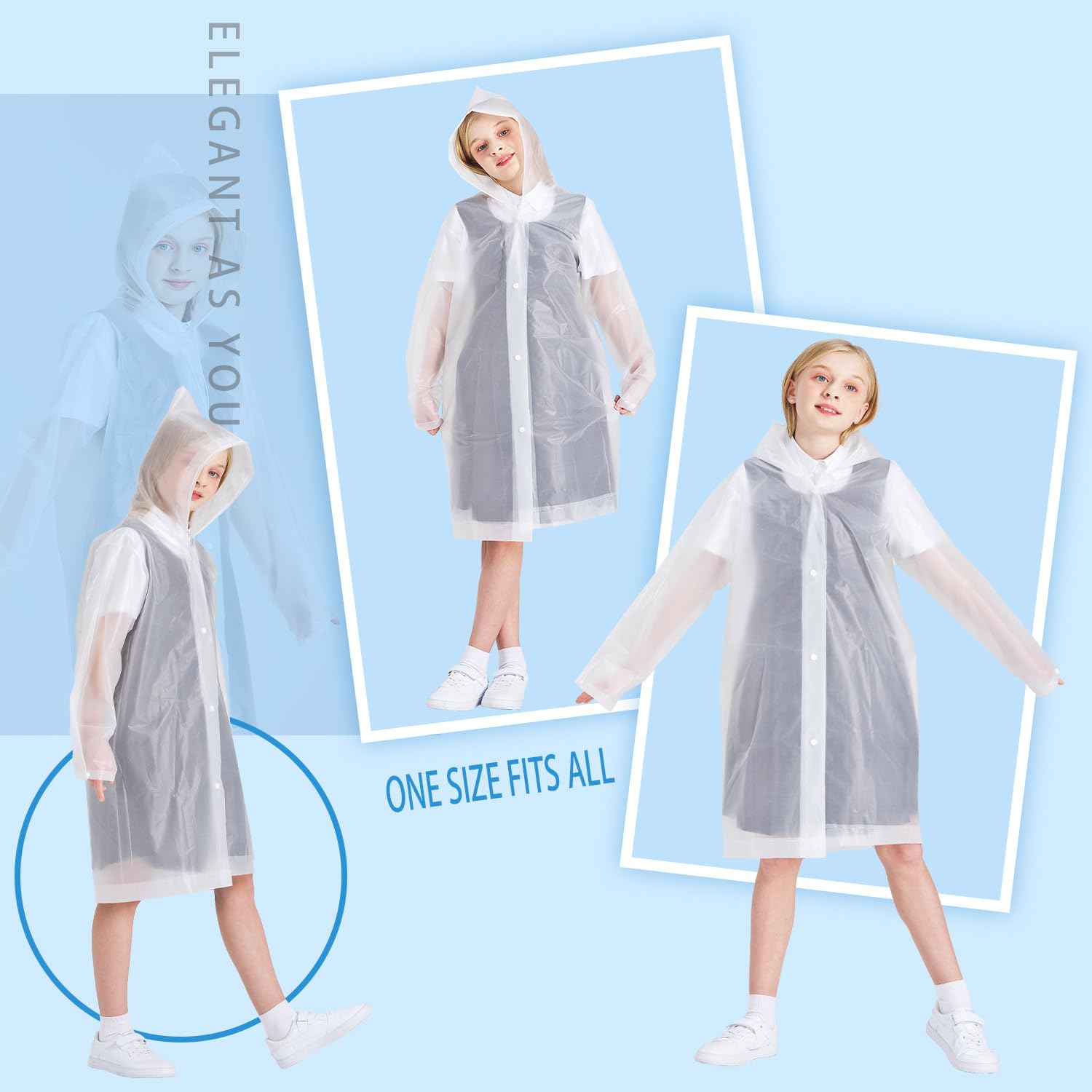 SWOGAA Raincoats for Kids -Reusable 3 Pack EVA Ponchos for Boys Girls with Drawstring Hood and Sleeves-Waterproof Rain Coats Perfect for Camping- Rain Jacket with Cuff Size Adjusters 2