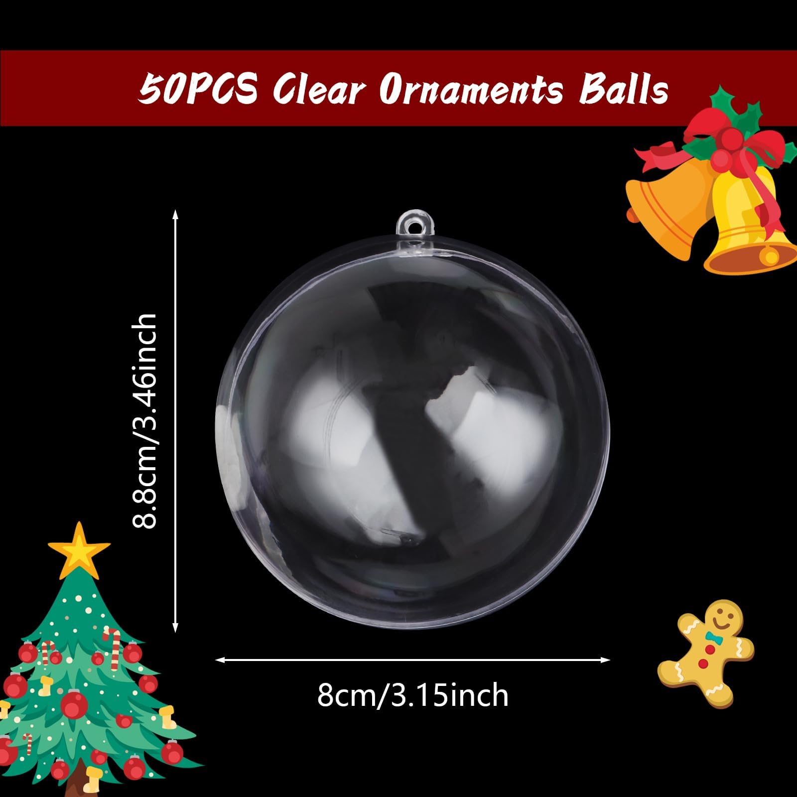 Lot de 50 décorations en plastique transparent pour loisirs créatifs, boules de 80 mm pour sapin de Noël, loisirs créatifs, mariage, fête, décoration de la maison