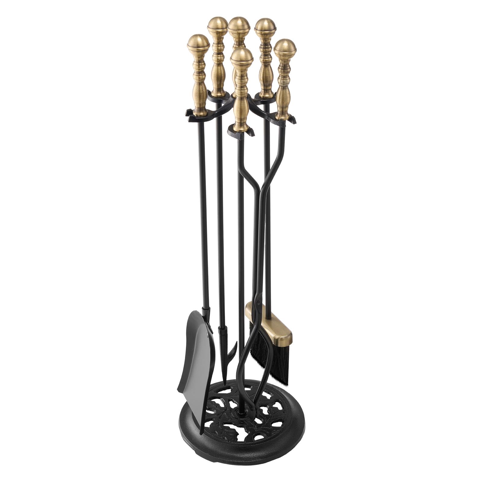 VEVOR Juego de 5 Herramientas para Chimenea de Hierro Forjado, con Soporte de Cinco Puntas, Pinzas, Pala para Cenizas, Cepillo y Atizador, Interior y Exterior, Negro y Latón, 770 x 225 x 225 mm
