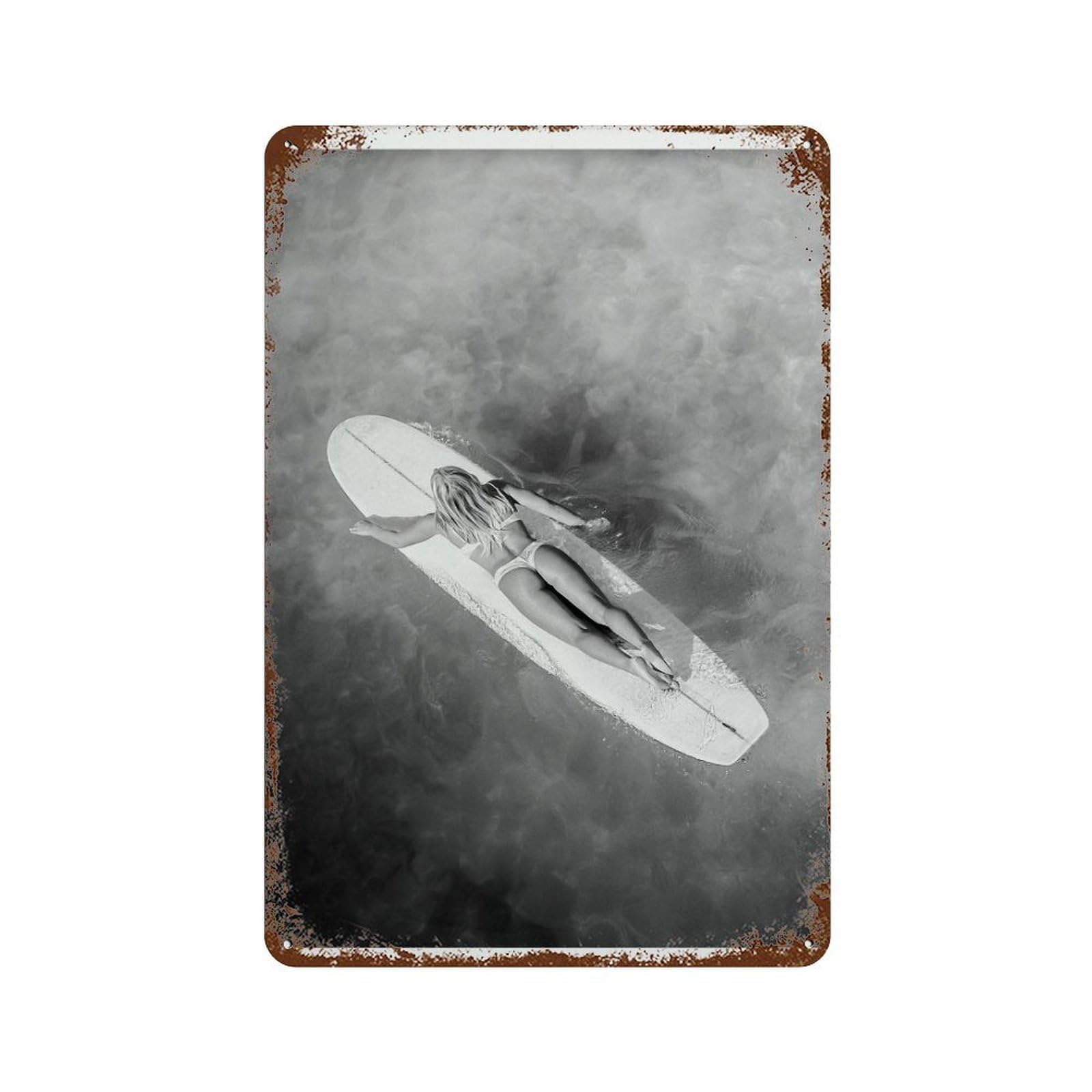 xiaoxiaoshen Woman on Surfboard Print, Wall Decor Art Metal Tin Poster Modern Home Decor Art Home Bar Shop Decorations Vintage Sign 30x20cm