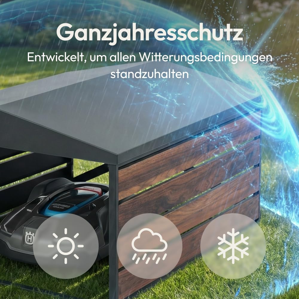 CASABEL Mähroboter-Garage aus verzinktem Stahl, Satteldach | Wetterschutz, robuster verzinkter Stahl, Satteldach, universeller Unterstand, Holzoptik, einfache Montage