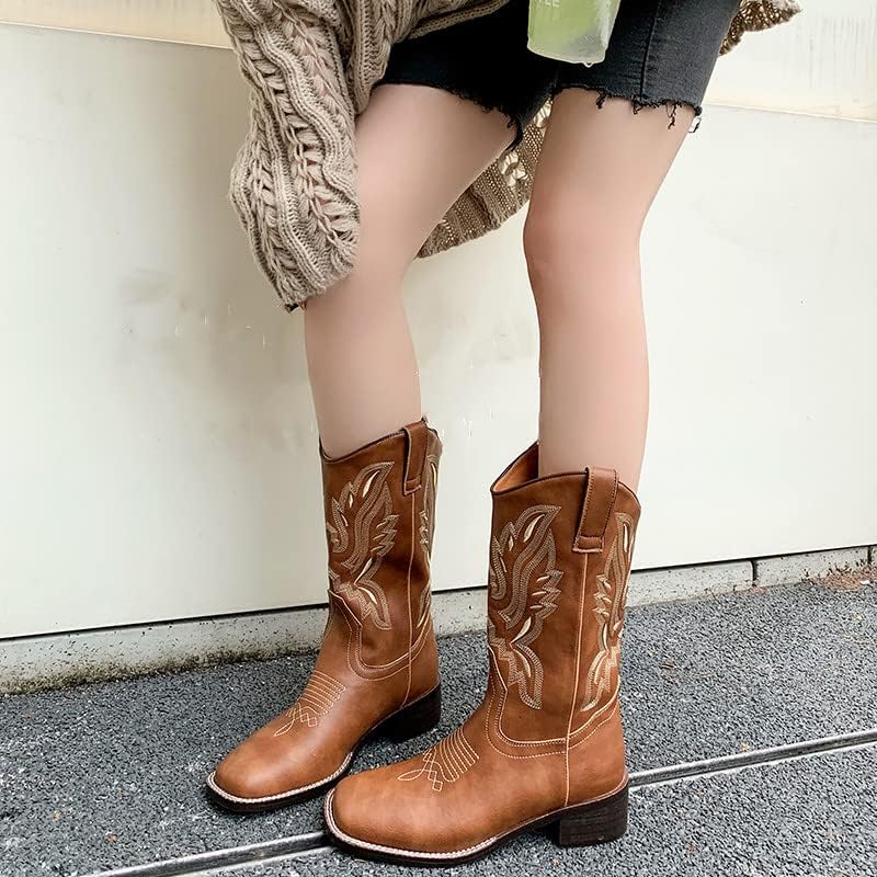 Vertundy Women's Embroidered Cowgirl Boots Block Low Heel Wide Square Toe Pull-on Ladies Comfortable Lightweight Fashion Leather Western Shoes | Image 5