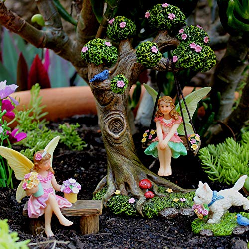 Pretmanns Fairy Garden Accessories – Fairy Garden Fairies - Fairy Garden Kit, With Garden Fairies – Cute Garden Fairy Miniatures & Fairy Tree Swing With Puppy – 4 Piece Fairy Set #TOP3
