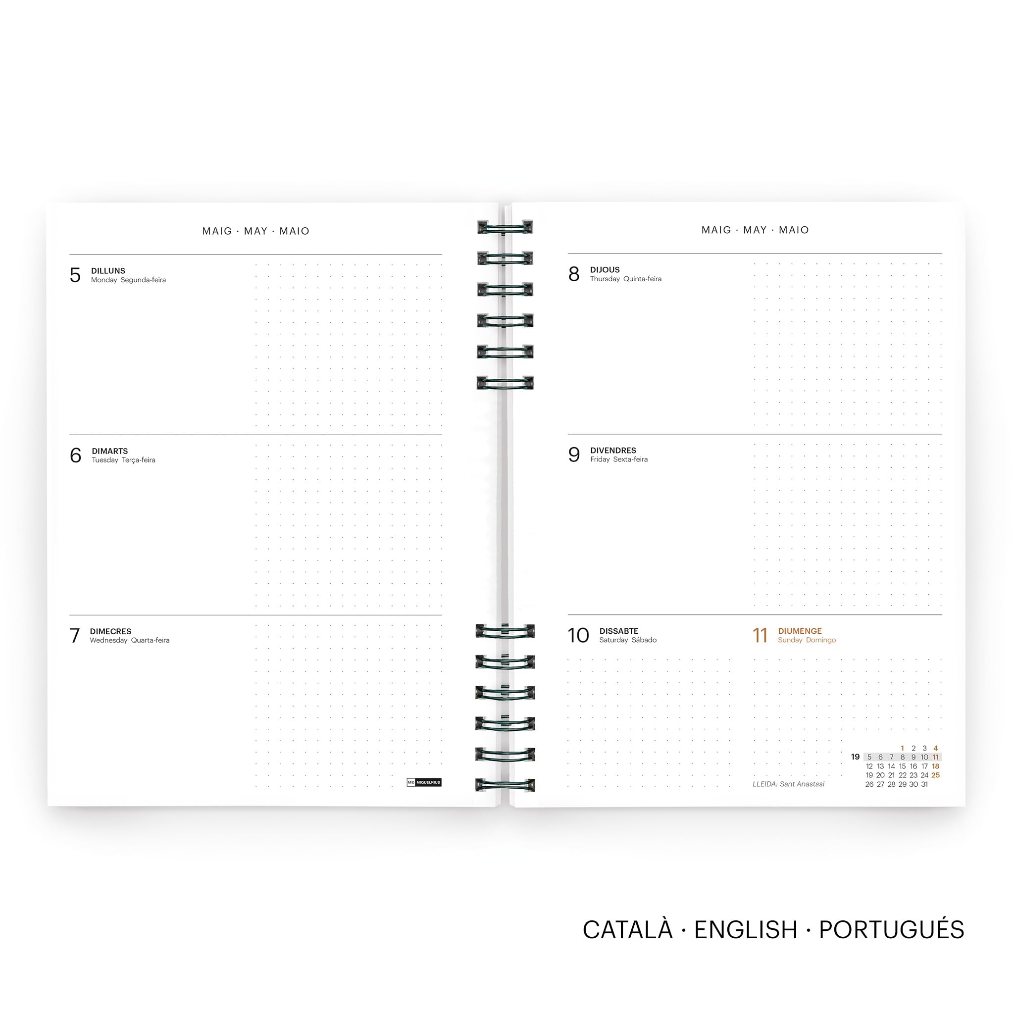 Miquelrius - Agenda 2025, Agenda annuale 155x213 mm, Agenda settimana vista, copertina in cartone foderato, carta sostenibile 100 g/m², chiusura gomma, catalano, inglese e portoghese, verde