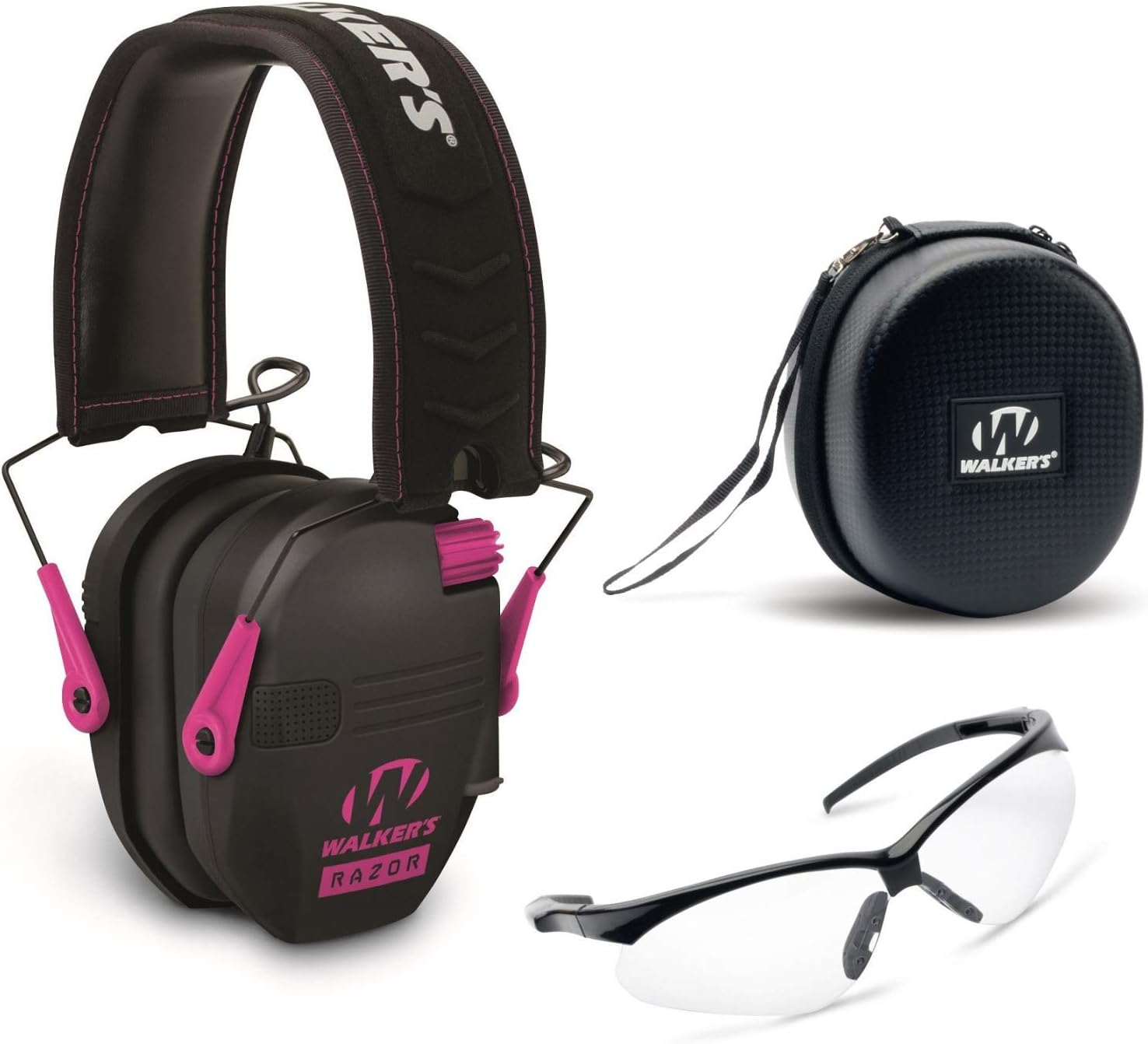 Walker's Razor Slim Electronic Muff with Case and Shooting Glasses (Black and Pink)