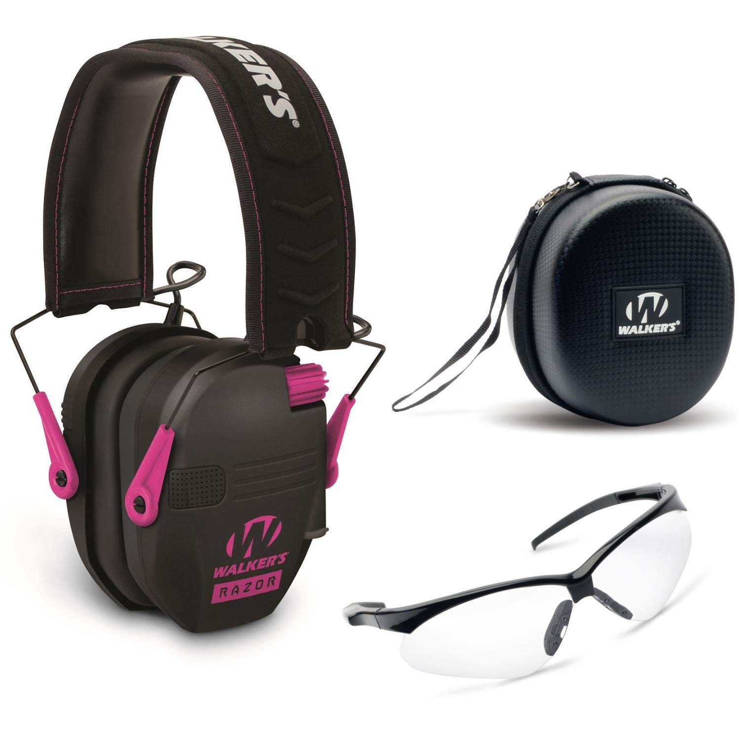 Walker's Razor Slim Electronic Muff with Case and Shooting Glasses (Black and Pink)