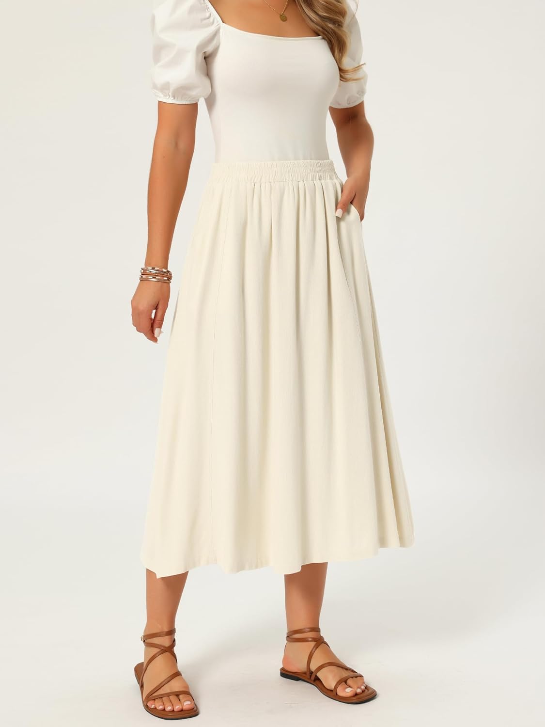 Seta T Women's Linen Skirt Summer Casual Flowy Swing Elastic High Waist A-Line Boho Midi Skirts with Pockets