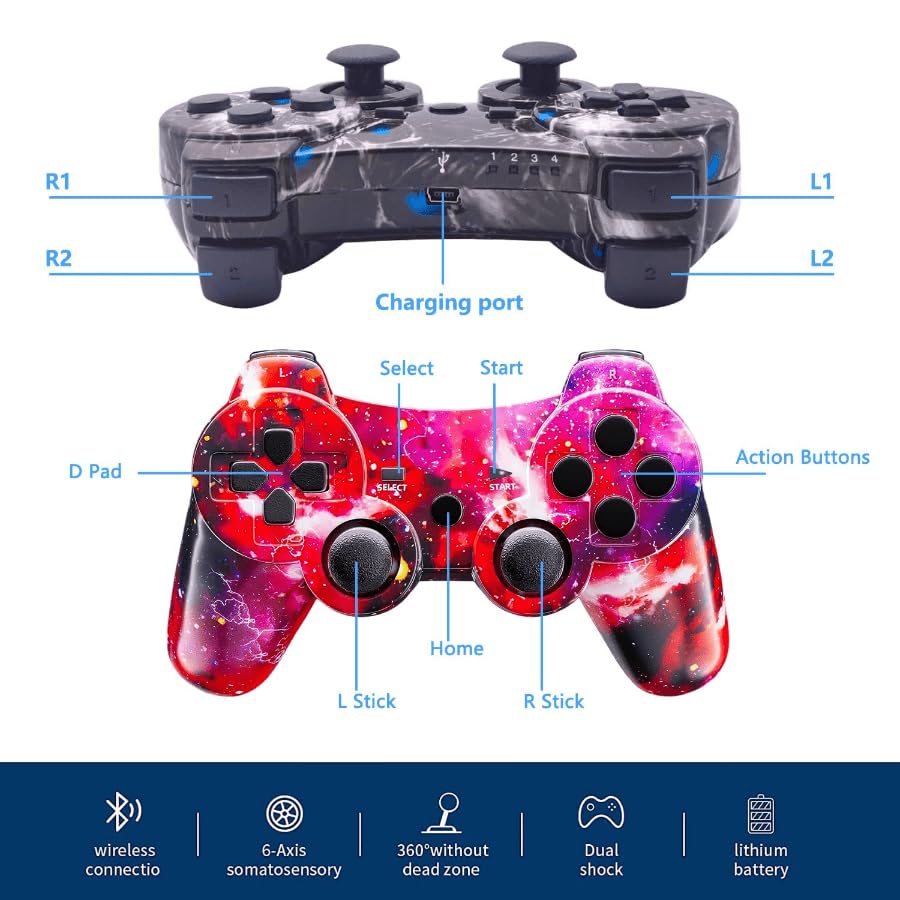 2 Pack Wireless PS3 Controllers for Playstation 3 Console with Dual Vibration / 6-Axis Motion Sensor (BlackSkull and Galaxy)