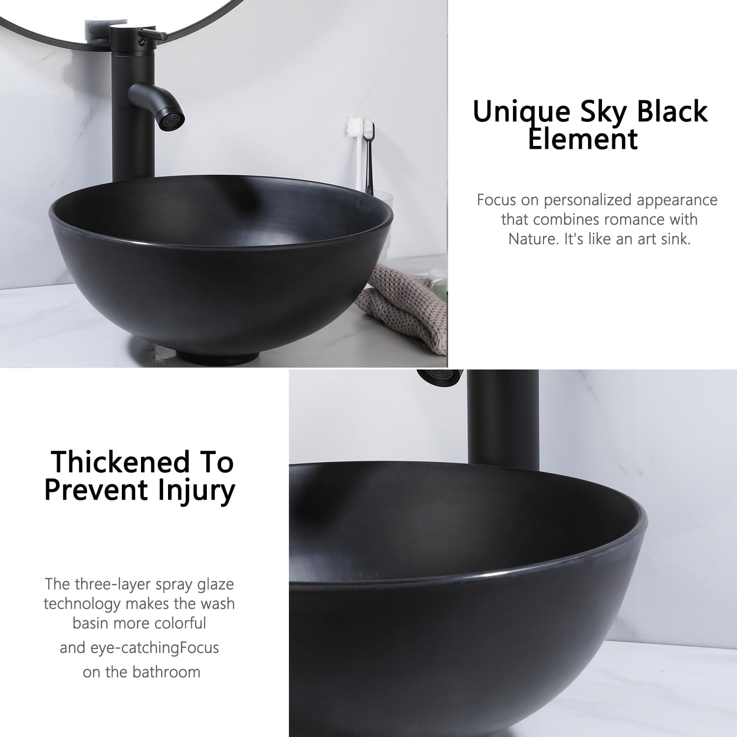 13” Bathroom Sink Stone Resin Vessel Sink with Faucet and Pop-up Drain Combo Round Bathroom Vessel Sink Black Bathroom Sink Above Counter Small Bowl