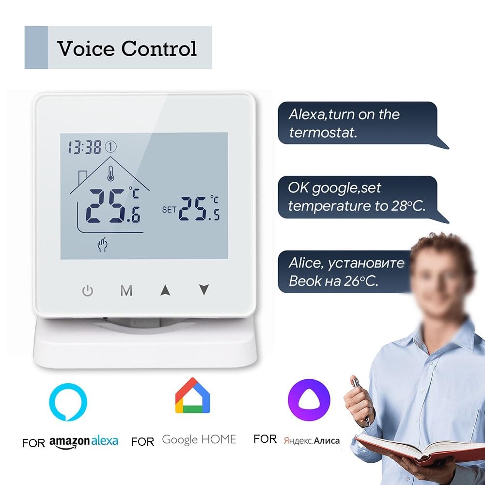 Termostato WiFi Caldera de gas, controlador de temperatura inalámbrico con receptor, aplicación Tuya for Life, control de voz, 5-90 para rango, color blanco
