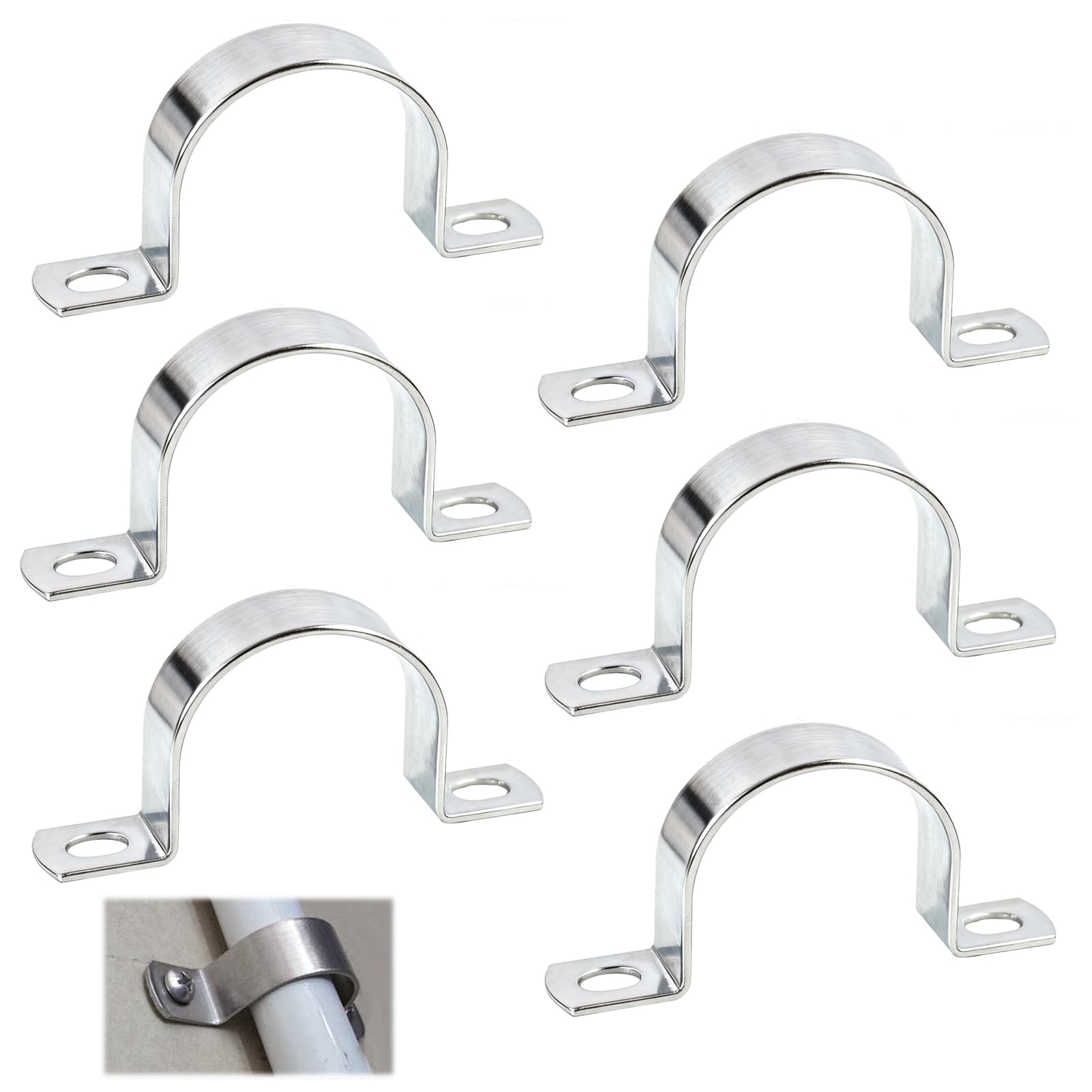 – 6PCS Pipe Strap Clamp, Ø 50 MM Stainless Steel Heavy Duty U Bracket with 2 Holes, 50mm Metal Pipe Mounting Brackets, Rust Resistant Conduit Clamps for Plumbing, Electrical, and DIY Projects