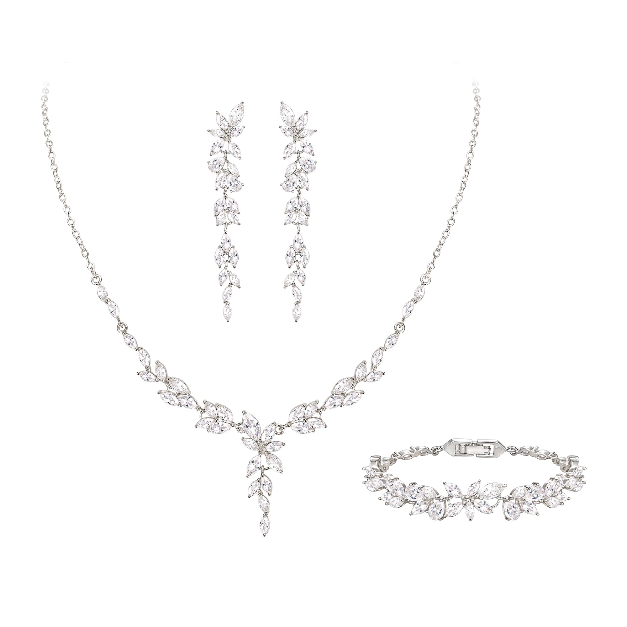 Juego de joyas de boda para novias, damas de honor, marquesa brillante, circonia cúbica, cadena de novia, pendientes largos colgantes, juego de pulseras de tenis