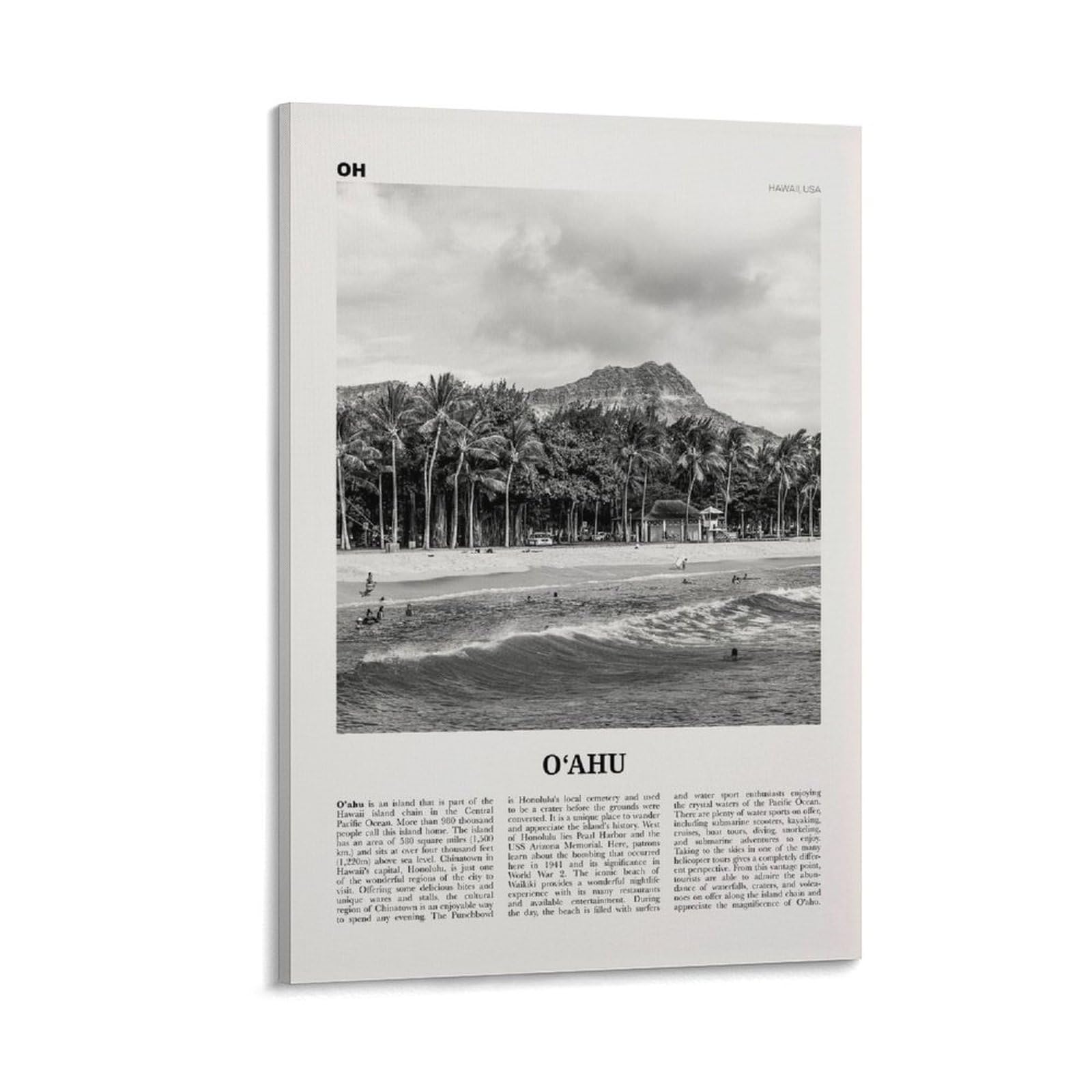 LZTENO‘ahu Print Black And White, O‘ahu Wall Art, O‘ahu Poster, O‘ahu Photo, O‘ahu Map, Oahu, Hawaii, USA, United States Canvas Wall Art Poster Framed 16x2