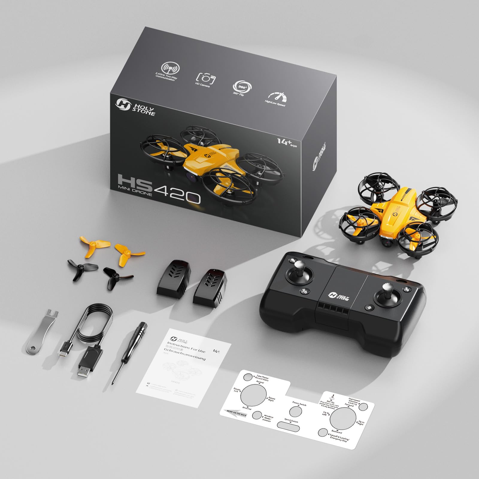 Holy Stone HS420 Mini Drohne mit HD 1080P Einstellbarer Kamera,mit 2 Steuerungsmodi,Not Aus,Umkreisen,360°Flip,Headless Modus,2 Geschwindigkeiten Geschenk für Anfänger Kinder,Orange