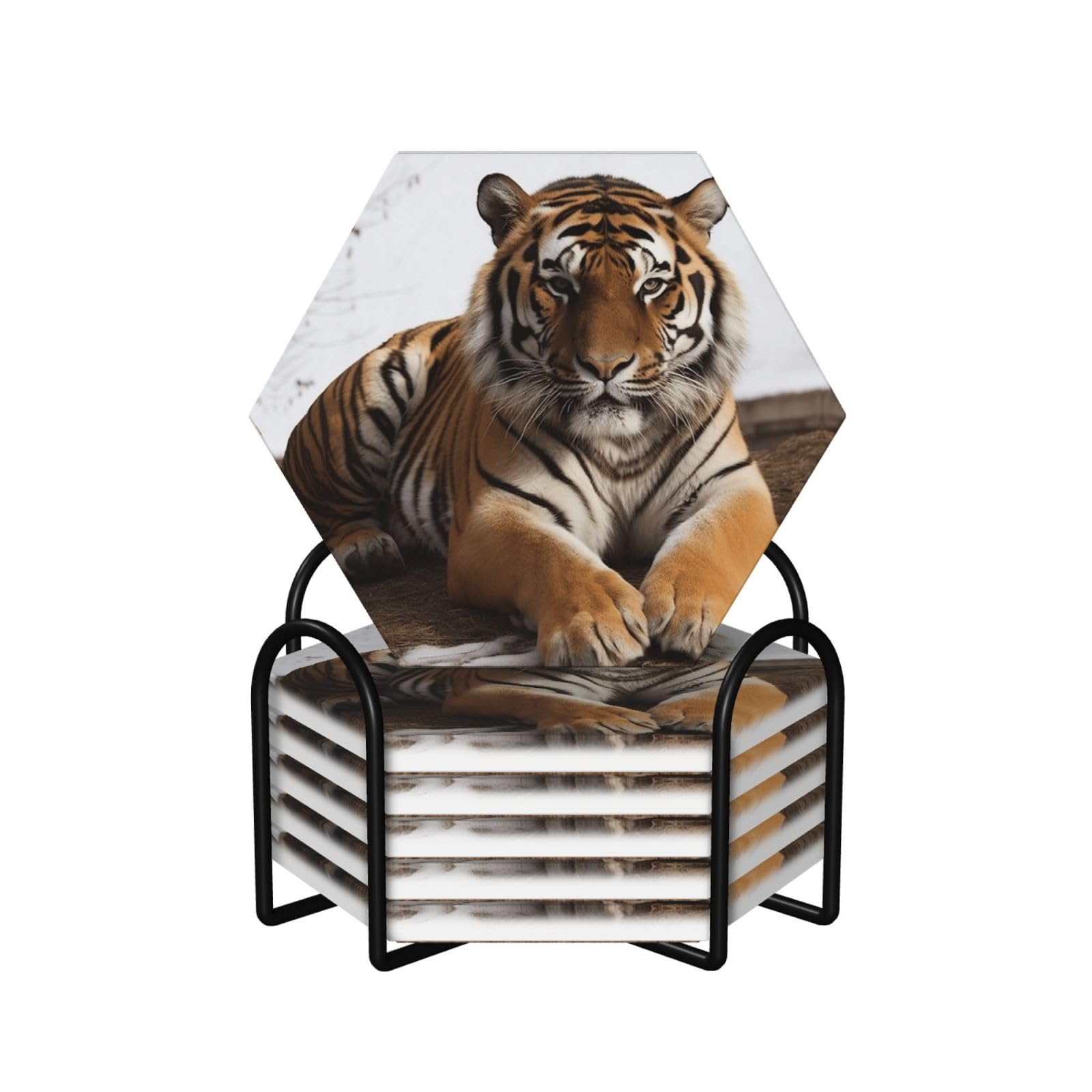 6Pcs Ceramics Coaster for Drinks, Big Tiger Cup Coasters with Holder, Aesthetic Drink Coasters for Coffee Table, Absorbent Round Coaster for Tabletop Protection 4" Cup Mat Pad