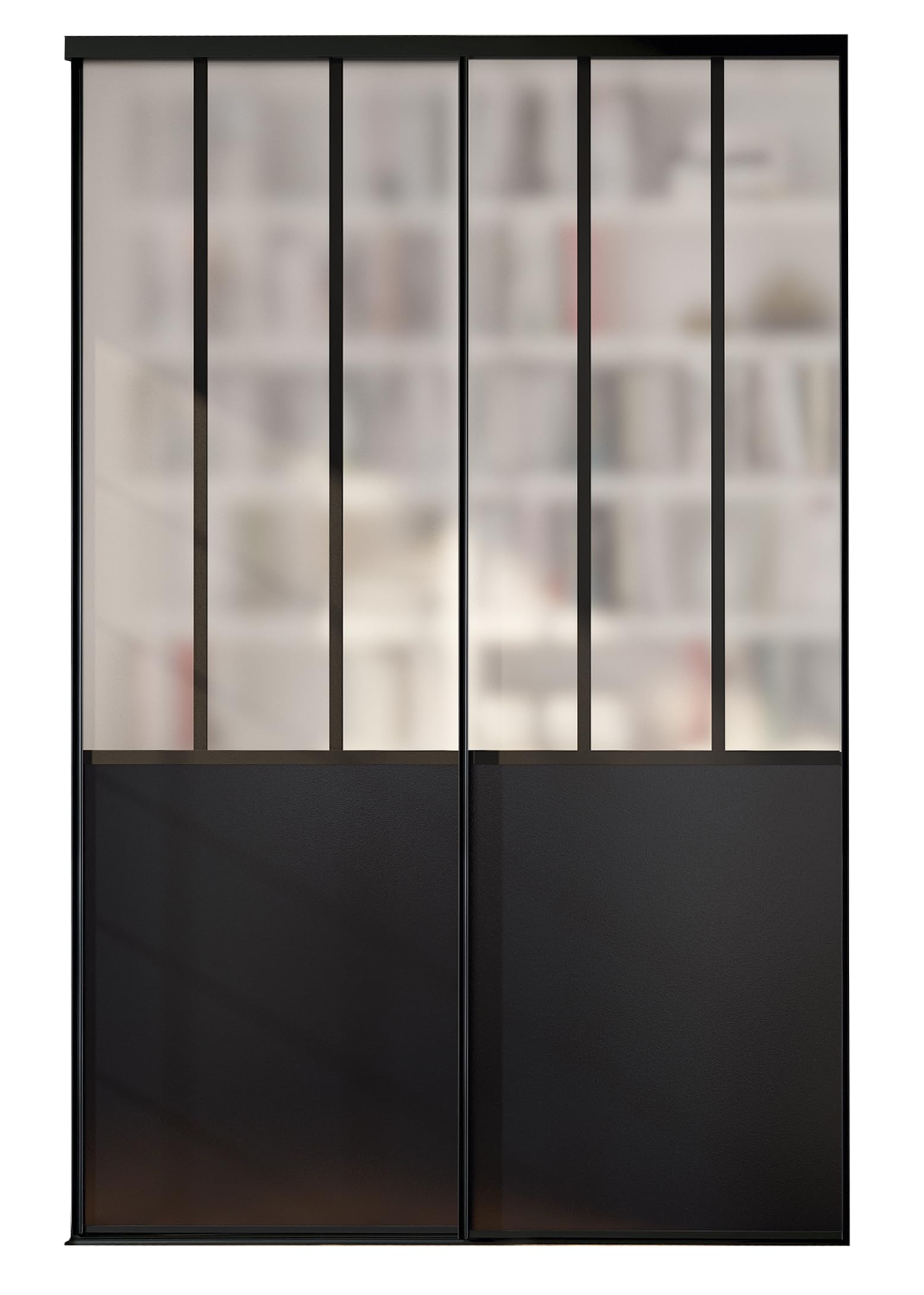 OPTIMUM Pack 2 Vantaux Porte Placard Atelier Noir Verre dépoli – Style Industriel – Portes Coulissantes Intérieures Modernes – Plusieurs Dimensions (Noir, 180x250 cm)
