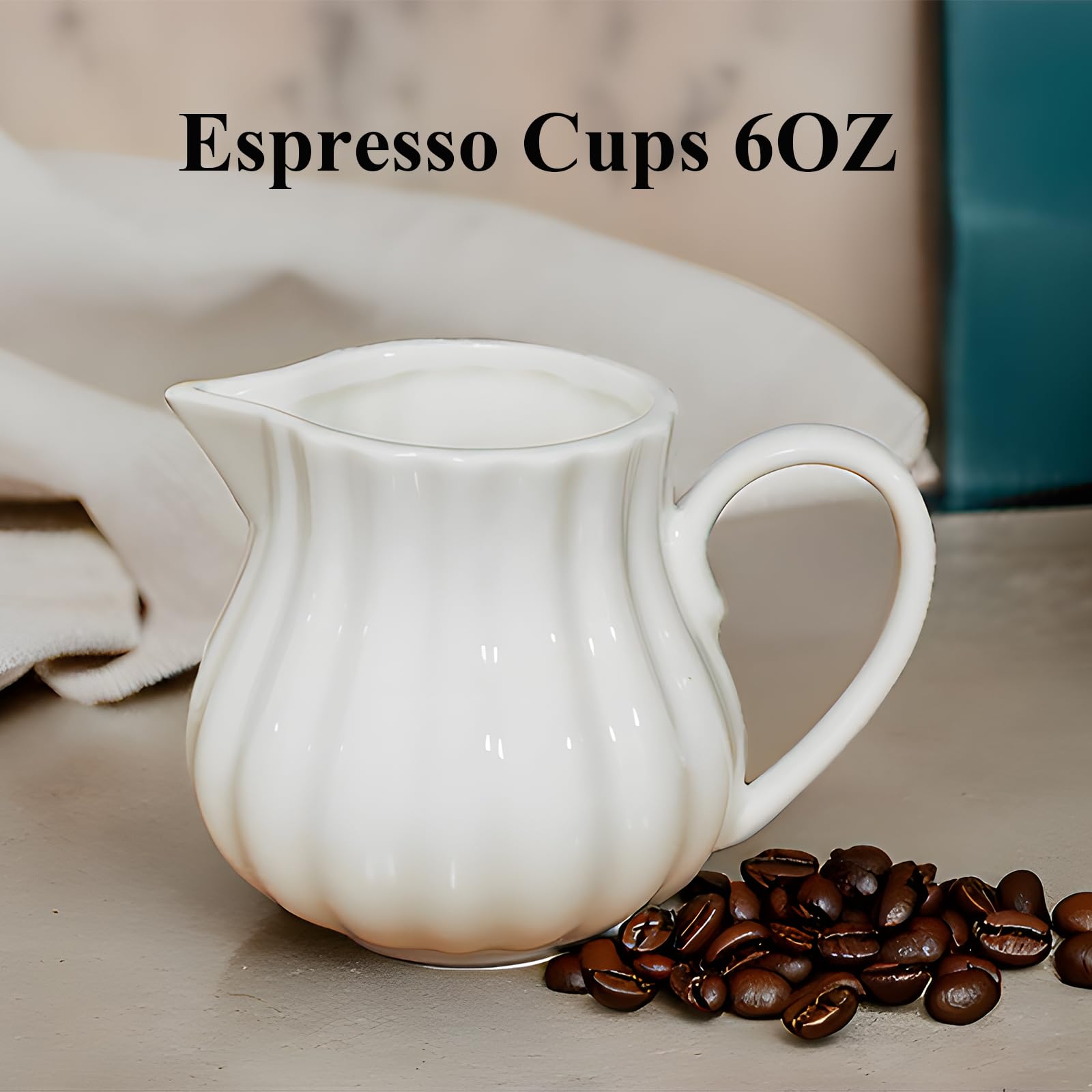 TIWPAJS Ceramic Creamer Container 6OZ, White Milk pitcher, Ribbed Milk Frothing Pitcher, Espresso Cups, Espresso Accessories, Expresso Shots Cup, Microwave & Freezer Safe