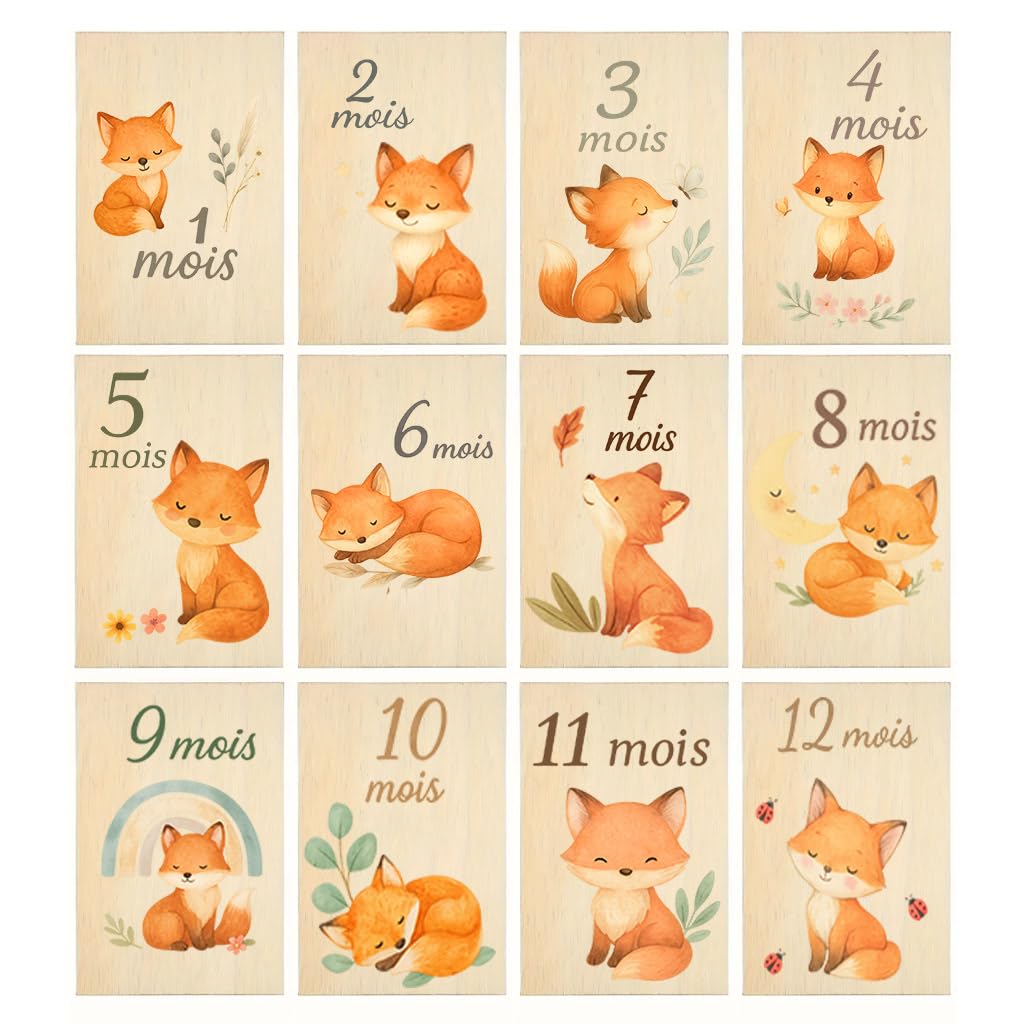Cartes étapes bébé originale bois recto verso – Lot 12 mois – Motif renard – Accessoire photo naissance, baby shower et cadeau de naissance original pour suivre la croissance de bébé fille ou garçon