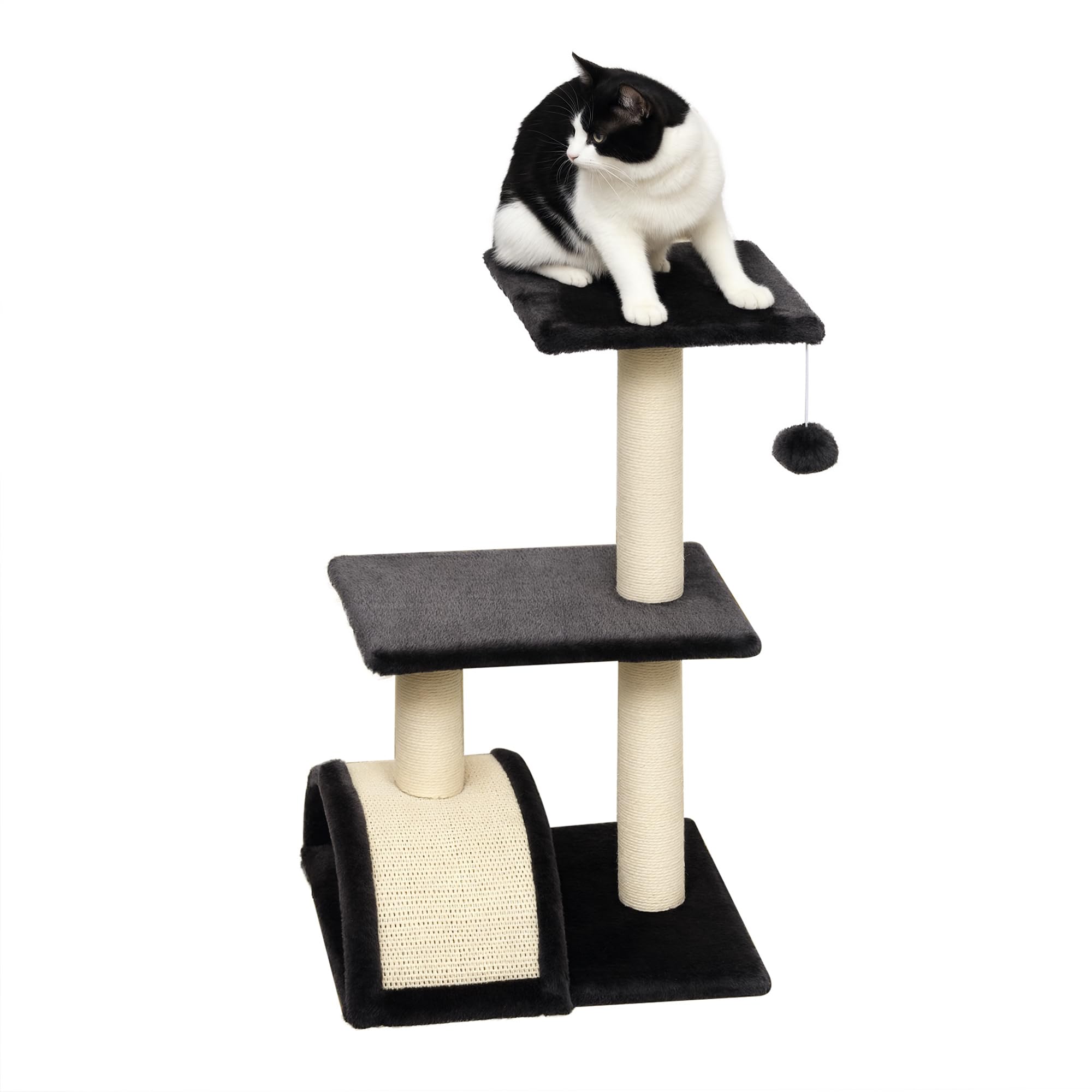 PawHut Albero Tiragraffi per Gatti a 3 Livelli 72 cm con Tappetino Tiragraffi ad Arco, Albero per Gatti Multilivello, Trespolo per Gatti con Pallina in Legno, Peluche e Sisal, Grigio