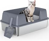 Vivifying Katzenklo Edelstahl, Metall Katzentoilette mit seitlichem Einstieg, hohem Rand und Schaufel, auslaufsicher, leicht zu reinigen, für kleine und mittelgroße Katzen, 58 x 38 x 25,4 cm (Grau) - 1