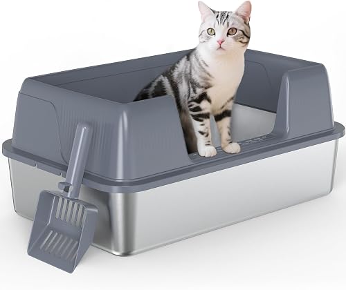 Vivifying Katzenklo Edelstahl, Metall Katzentoilette mit seitlichem Einstieg, hohem Rand und Schaufel, auslaufsicher, leicht zu reinigen, für kleine und mittelgroße Katzen, 58 x 38 x 25,4 cm (Grau) - 1