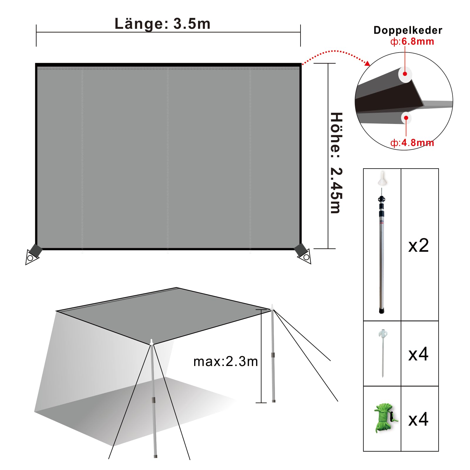 Sonnensegel Wohnwagen mit keder 2 Keder mit Ø 4.8& 6.8mm,sonnensegel keder Geeignet Wohnwagen,Wasserdicht und UV-beständig Wohnwagen sonnensege 3.5M