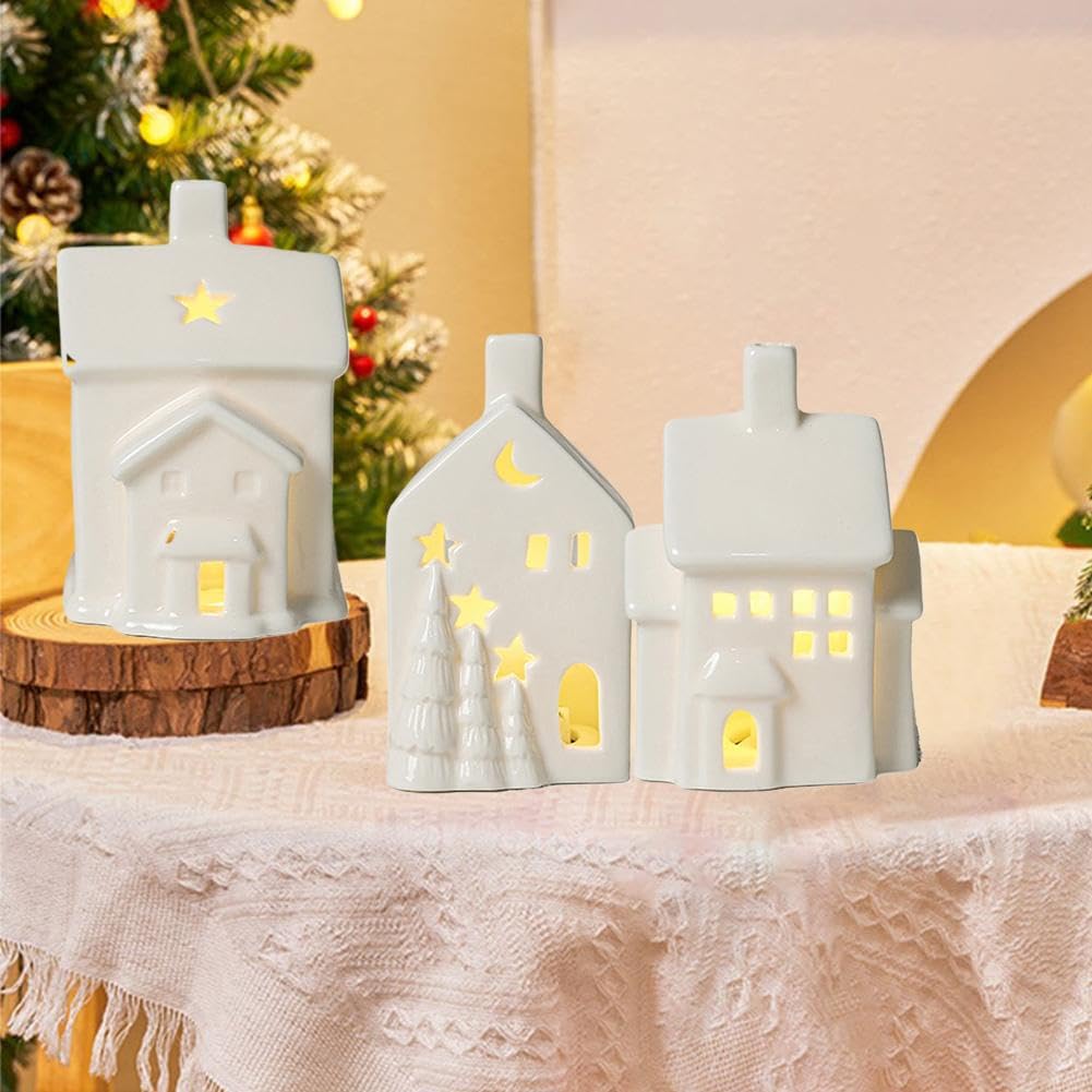 Juego de pueblo de Navidad, casas de pueblo de Navidad blancas con iluminación LED, figuras de Navidad en miniatura, adorno de escritorio, colección LED para decoración de estantes de mesa