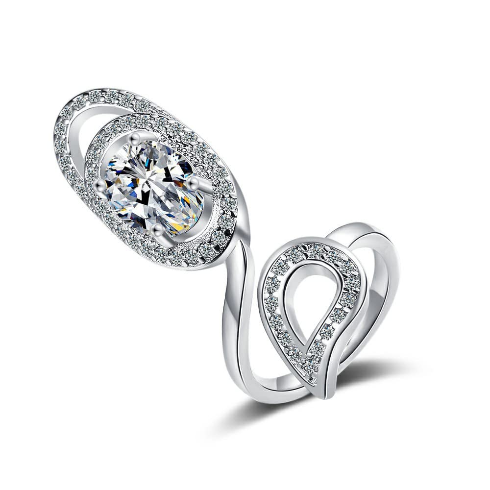 Women Fingle Tip Nail Rings White Gold Plated Full Bling Iced Out CZ Fingle Nail Ring Adjustable Nail Art Accessaries for Women Fingernail Protective Nail Cap Cover Ring