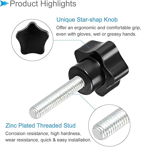 Miniatura 24 de Perillas de sujeción de estrella, rosca macho M6 x 1.969 in, cabeza de 1.260 in, mango de tornillo de pulgar de plástico, perno roscado negro