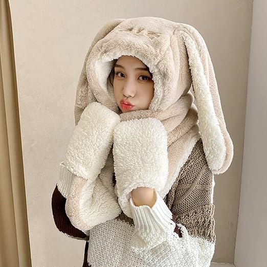 Wintermütze Mit Hasenohren Für Damen - Flauschige Schalmütze Mit Handschuhen