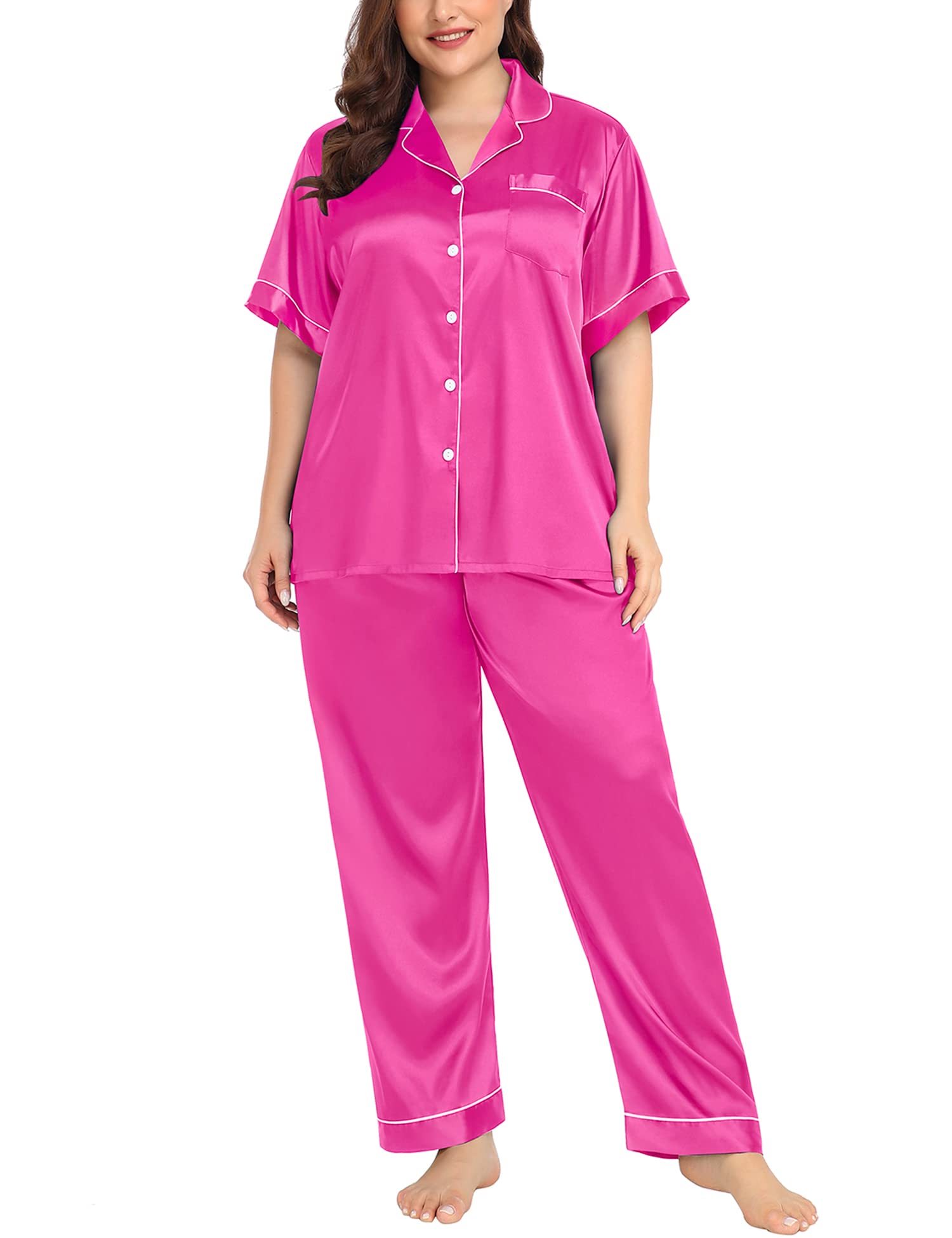 SWOMOG Women's Plus Size Pajamas Silk Satin Pajama Set Short Sleeve Shirt with Full-Length Pants Pjs Sleepwear Set 18W-26W