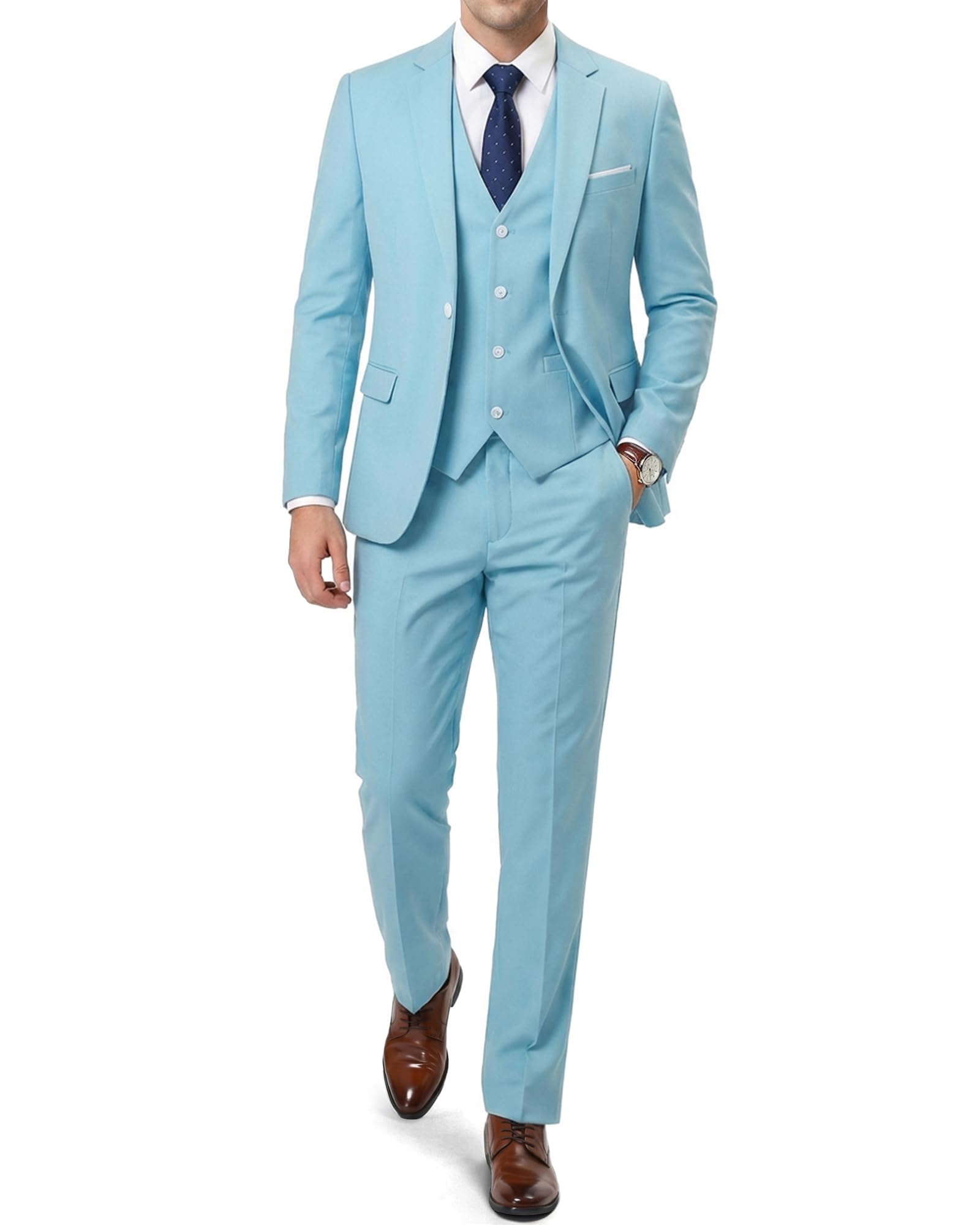 Photo 1 of MrSure Men’s 3 Pieces Suit, Slim Fit Tuxedo with One Button, Jacket Vest Pants & Tie Set for Party, Wedding and Business Sky Blue