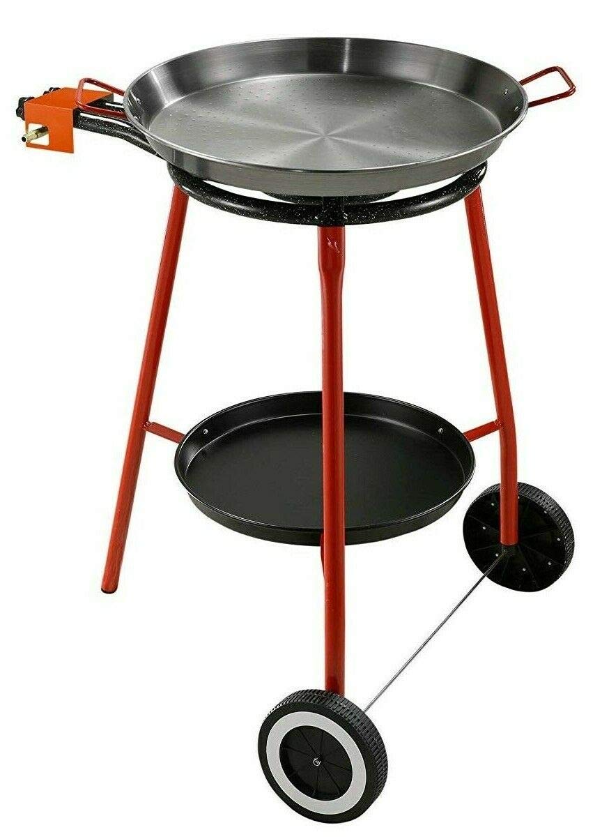 Garcima Andreu Paella Pan Set with Burner, 18 Inch Carbon Steel Outdoor Pan and Reinforced Legs Imported from Spain (12 Servings w/wheels)